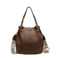 Dark brown leather bucket bag with wide geometric pattern woven shoulder strap - Brown