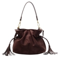 Brown suede drawstring bucket bag with fringe and gold hardware in minimalist retro style - Pure Coffee