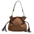 Vintage brown suede bucket bag with side fringe tassels and drawstring closure - Solid Brown