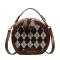 Borsa a tracolla rotonda classica a quadri con finiture in pelle marrone e scritte oro - Marrone