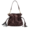 Leopard print drawstring bucket bag with fringe tassels and gold-tone hardware detail - Leopard Coffee