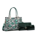 Three-piece women's handbag set featuring snakeskin pattern and glossy green finish - Tote + Pouch + Wallet / Green Zirconia Set