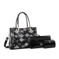 Three-piece snakeskin pattern handbag set with crossbody strap and gold metal logo - Tote + Pouch + Wallet / Black Zirconia Set