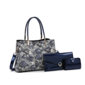 Three-piece dark blue snakeskin texture handbag set including tote, clutch, and wallet - Tote + Pouch + Wallet / Blue Set