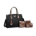 3-piece black tote bag set with leopard print accents and matching long wallet - Leopard Print