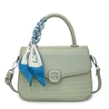 Sage green crossbody bag with woven texture, metal lock and silk scarf handle detail - Green