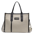 Grote beige canvas shopper met zwart leren bies en een verstelbare schouderriem - Zwart