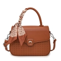 Caramel brown woven leather crossbody bag with U-shaped lock and silk scarf handle - Brown