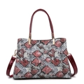 Fashionable snake skin tote bag in red gray and white with glossy red top handles - Burgundy