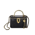 Quilted black vanity box bag with gold metal handle and camellia zipper pendant - Black