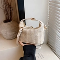 Straw handbag with beige herringbone weave, white leather trim and gold buckle - Off White