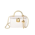 White quilted mini box bag with hollow metal handle and camellia flower zipper pull - White