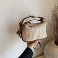 Straw handbag in cream with brown leather straps and gold buckles, summer style - Brown