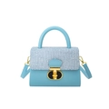 Blue crossbody box bag with woven flap and gold hardware lock for women - Blue
