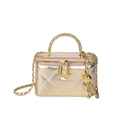 Quilted golden metal box bag with woven handle and elegant floral zipper pull - Gold