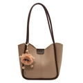 Minimalist khaki and brown tote bag with a playful brown furry monster charm - Khaki
