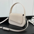 Bolso bandolera beige en cuero y tejido con correa ajustable y herrajes de plata fina - Caqui