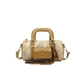 Two-tone canvas Boston bag in beige and brown leather with a metal twist lock clasp - Khaki With Pendant
