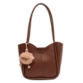 Brown tote bag in matte synthetic leather with a cute plush charm and long straps - Brown