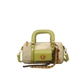 Beige canvas cylinder Boston bag with olive green trim and dual handles in variant color - Green with Charm