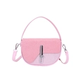 Pink crescent shoulder bag with mixed PU leather and textured fabric with silver clasp - Pink