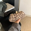 Elegant leopard print evening bag with pearl rhinestone clasp and gold chain strap - Khaki