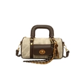 Retro beige canvas and brown leather boston bag with gold metal lock and shoulder strap - Coffee With Pendant