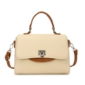 Elegant beige textured handbag with brown straps and silver metal lock closure - White & Brown Style / White