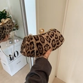 Leopard print faux fur evening bag with gold chain strap and pearl diamond clasp - Brown