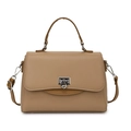 Minimalist tan vertical stripe embossed faux leather handbag with silver clasp and handle - Khaki