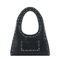 Borsa a spalla vintage in pelle nera con borchie argentate e silhouette trapezoidale - Nero