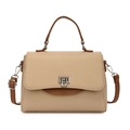 Structured beige pleated handbag with brown straps and silver metal twist lock - Beige & Brown Style / Beige
