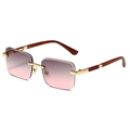 Frameless square sunglasses featuring grey-pink gradient lenses and brown wood grain temples - Gold Frame Grey Pink Lens
