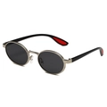 Retro oval metal sunglasses with silver frames, black lenses and red temple accents - Silver Frame Grey Lens