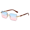 Rimless square sunglasses with blue-pink gradient lenses and wood grain temples - Gold Frame Blue to Pink Gradient