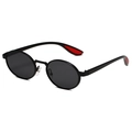 Retro black oval sunglasses with matte finish and red temple tips on white background - Black Frame Grey Lens