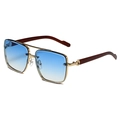 Lunettes de soleil carrées à double pont avec verres dégradés bleus et branches en bois - Monture Dorée Dégradé Bleu