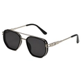 Retro double-bridge sunglasses with hexagonal black lenses and gold-black metal frame - Silver Frame Grey Lens