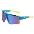 Blue splash-painted cycling sunglasses with purple gradient mirrored visor lens - Blue Frame Green Mercury Lens