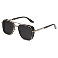 Retro double-bridge pilot sunglasses with square metal frame and side mesh shield - Silver Frame Grey Lens