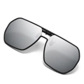 Classic polarized clip-on sunglasses with matte black frames and silver lenses from 45-degree angle - Matte Black Frame Silver Mirror Lens