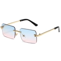 Rimless square sunglasses with blue-pink gradient lenses and gold embossed metal temples - Gold Frame Blue to Pink Gradient