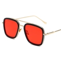 Gafas de sol cuadradas polarizadas con montura metálica dorada y lentes rojas retro - Montura Dorada Borde Negro Lentes Rojas
