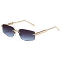 Rimless rectangle sunglasses with blue gradient lenses and textured gold metal temples - Gold Frame Grey Blue Lens