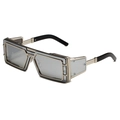 Steampunk oversized sunglasses with gunmetal frame and grey lenses in side view - Silver Frame White Mirror Lens