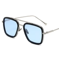 Men's square polarized sunglasses with silver metal frame and light blue lenses - Silver Frame Black Rim Blue Lens [Polarized]