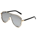 Fashionable oversized silver mirror sunglasses with gold hollowed frame and black temples - Gold Frame White Mirror Lens