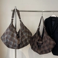 Bolsos tote de lona retro para mujer con estampados de cuadros azul y marrón - Café Oscuro