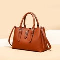 Winter vintage large PU leather tote bag in caramel brown with silver metal buckle detail - Brown