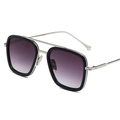 Silver square pilot sunglasses with purple gradient lenses and metal textured frame - Silver Frame Black Rim Gradient Grey Lens